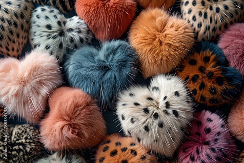 A pile of fur pom poms sitting on top of each other