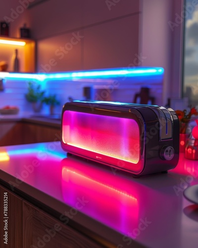 Neon toaster glowing on kitchen countertop