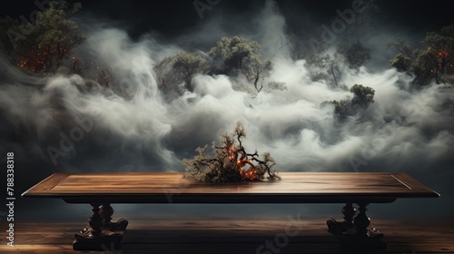 Old wooden table in the fog.