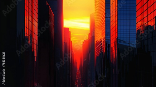 A minimalist depiction of urban architecture, featuring sleek skyscrapers silhouetted against a fiery sunset sky, casting long shadows over the bustling city streets below.