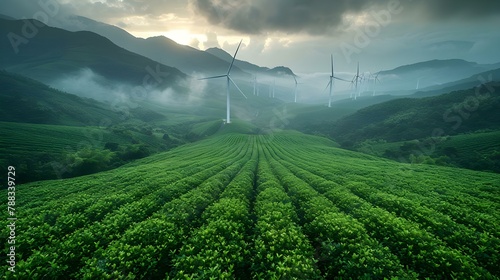Serenity in Green: Wind Turbines amidst Lush Hills. Concept Green Energy, Renewable Resources, Sustainable Technology, Eco-Friendly Innovations, Nature Conservation