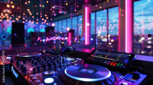 Vibrant DJ Booth at Nightclub With Colorful Lights