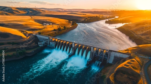 Aerial View of a Majestic Dam at Sunset. Hydroelectric Power Generation. Beautiful Landscape Bathed in Golden Light. Serene Nature Scene. AI