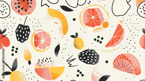 Colored abstract shapes and fruits. Vector seamless p