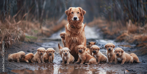 A mother dog is surrounded by her puppies, sitting in the muddy ground. She turns to look at the camera