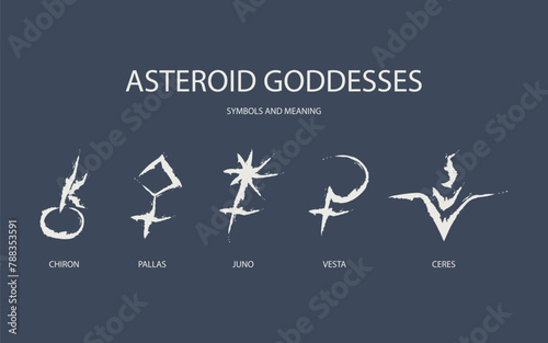 Astrological designations, aspects for astrologer. the meaning of the planets. Vector set pictogram elements constellation illustration for ancient alchemy: chiron, pallas, juno, vesta, ceres.