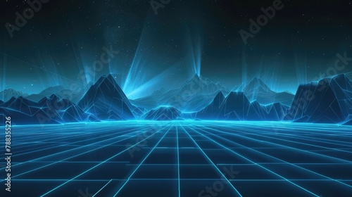 Futuristic Sci-Fi Landscape with Mountain Range and Grid of Blue Lines