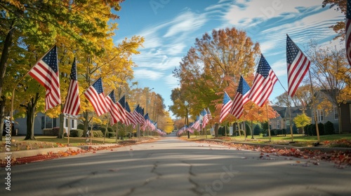 A picturesque scene of U.S. flags lining both sides of a street, creating a stunning display of patriotism and unity.