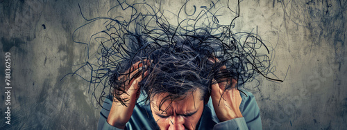 a madman tears out the hair on his head. selective focus.