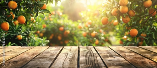 Substitute a wooden table for empty space to adorn, alongside orange trees bearing fruit under sunlight.