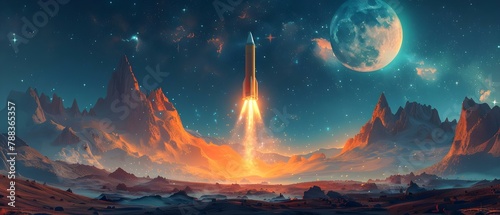 Neon-Nocturne Rocket Launch over Moonlit Terrain. Concept Space Exploration, Rocket Launch, Lunar Landscape, Sci-Fi Fantasy, Neon Lights