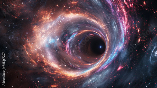Travel through a wormhole through time and space filled with millions of stars and nebulae. Wormhole space deformation, science fiction. Black hole. Vortex hyperspace tunnel.