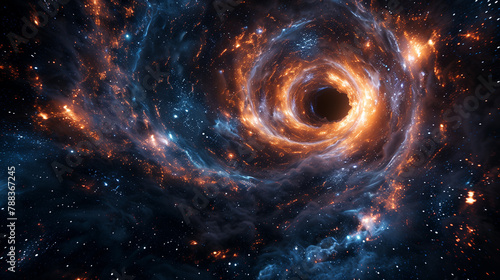 Travel through a wormhole through time and space filled with millions of stars and nebulae. Wormhole space deformation, science fiction. Black hole. Vortex hyperspace tunnel.
