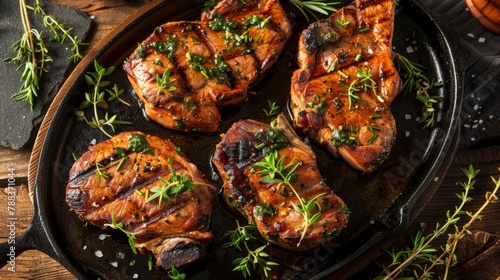 A platter of perfectly cooked pork steaks garnished with fresh herbs