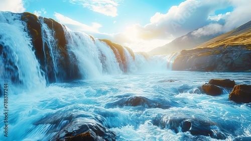 Scenic image of Iceland. Incredible nature landscape. Stunning view of Bruarfoss Waterfall. Azure water flows over stones. Bright midnight sun of Iceland. Iceland is a most popular place of travel