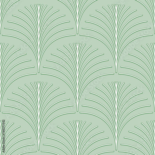 Art Deco style seamless pattern with fan shaped motifs on light sage green colored background. Vintage decorative design.