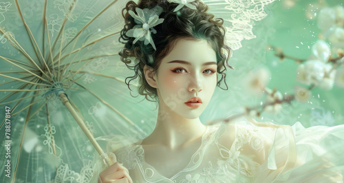 Beautiful chinese girl with lacey parasol in dreamlike floral ambiance, ethereal and serene, banner