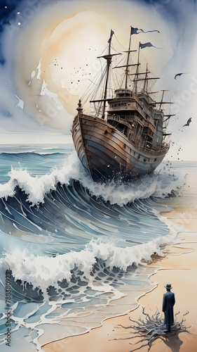 watercolor style pictures ship sailing