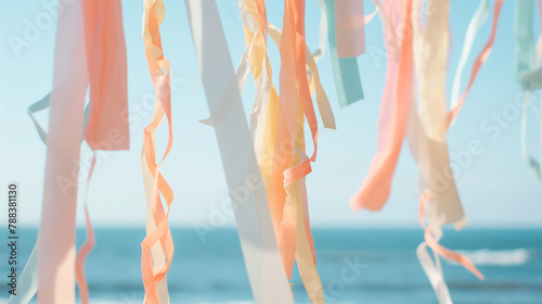 Serene beach view with playful party streamers, suitable for festive background or tranquil relaxation themes
