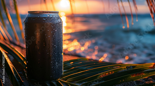 A black beer can rests on a palm tree leaf overlooking the stunning Australian beaches, with the sun setting in the background and vibrant blue water. The image captures condensation forming 