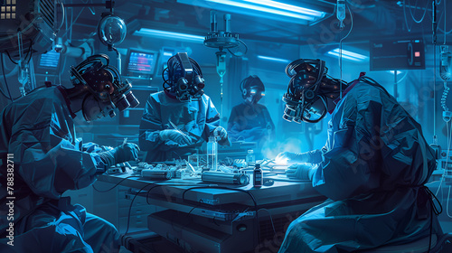 A team of doctors performing surgery in an operating room filled with advanced medical equipment and monitors. Intense, precise, and technology-driven healthcare scene