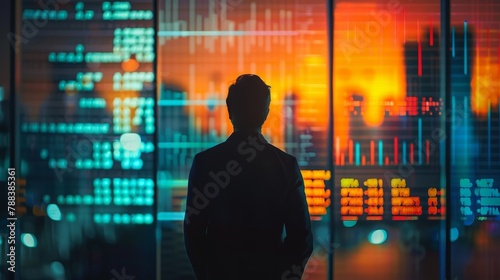 A man is looking at a computer screen with a lot of numbers and graphs. Concept of focus and concentration as the man stares at the screen