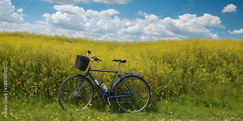 bicycle in the field with blue sky at noon time