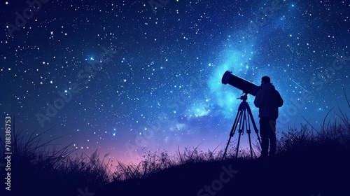 A man is standing in a field with a telescope, looking up at the stars. The sky is dark and the stars are shining brightly. Scene is peaceful and contemplative