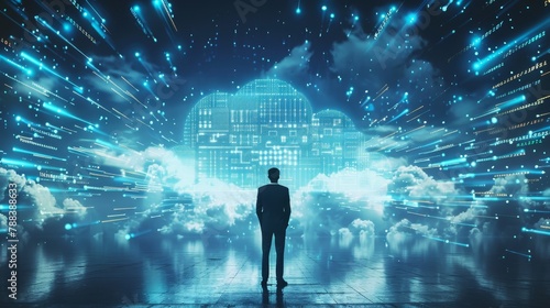 A man stands in front of a large cloud of blue light. Concept of awe and wonder, as the man is looking up at the sky with a sense of curiosity and amazement
