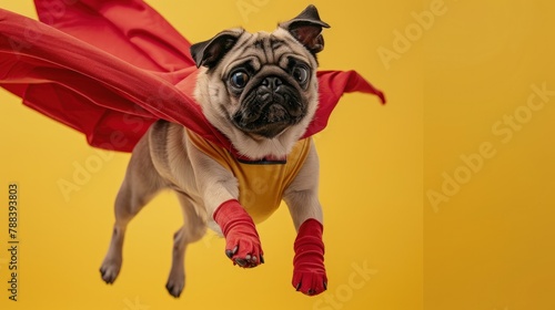 flying super pug hero on yellow background