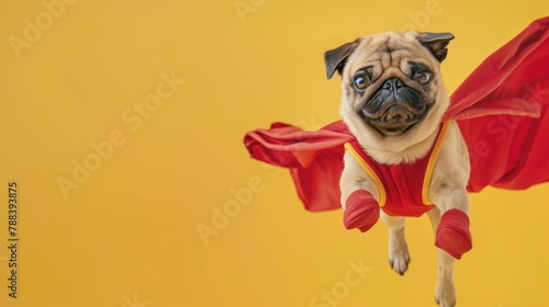 cute pug dog in superhero costume flying on yellow background