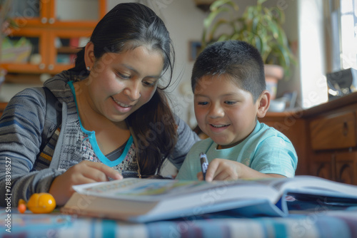 A Latino mother and child revel in reading a book together while completing homework, their enthusiasm for learning shining through.