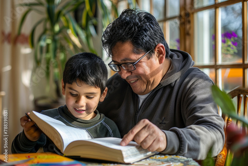 An enthusiastic Spanish father and child bond over reading a book together while completing homework, savoring the excitement of learning.