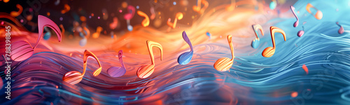 Abstract illustration of musical background with music notes and colorful wavy lines. Concept of the background and backdrop.