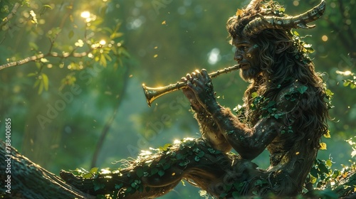 Woodland Satyr Musician A woodland satyr sits atop a fallen log, playing a mystical, pan-pipe-like instrument. . Generative ai