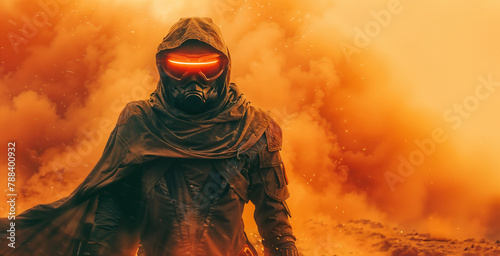 Enigmatic Figure in Glowing Visor Braving a Dust Storm. Ideal for illustrating science fiction themes, post-apocalyptic settings, or characters shrouded in secrecy. Generative ai