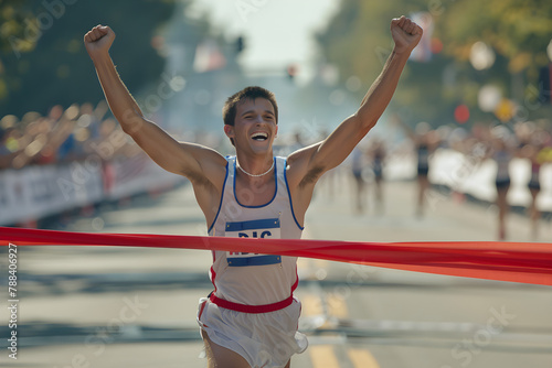 Marathonläufer im Ziel, zerreißt das Zielband, Gewinner, erstellt mit generativer KI