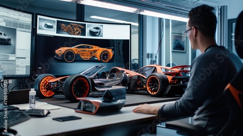 An automotive design studio with augmented reality interfaces showing car prototypes and modifications