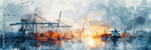 Watercolor painting of a port with cranes, ships and containers. Surrounded by flying drones.