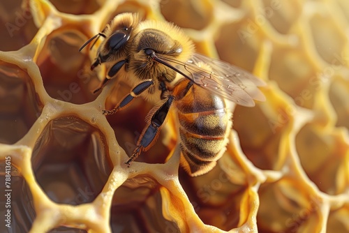 A close-up of a bee on a hexagon within a honeycomb