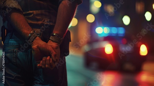 Arrested man with his arms crossed behind his back and a blurry police car in the background