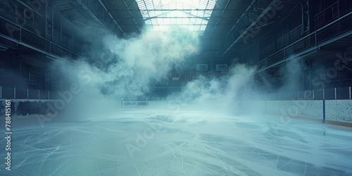 ice rink with fog, smoke and a dark sky background, empty stadium Hockey ice rink sport arena 