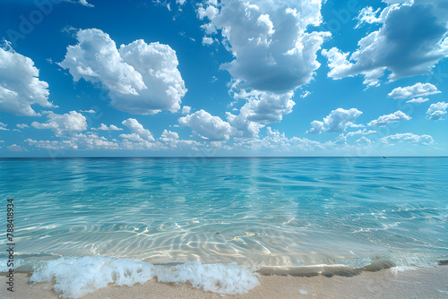 Sunny day, beach with beautiful waves, sun and clouds