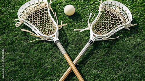 lacrosse sticks with ball lay flat on green artificial grass pitch match day, sports competition, ready to play