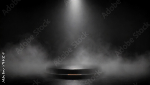 Black podium. Smoke, foggy product platform background. Abstract stage texture with fog, spotlight. Dark black floor podium dramatic empty night.