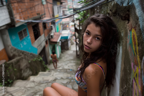 Brunette Brazilian girl with curly trendy mane posing in favela alley, reflective and thouthful look, colorful bikini top