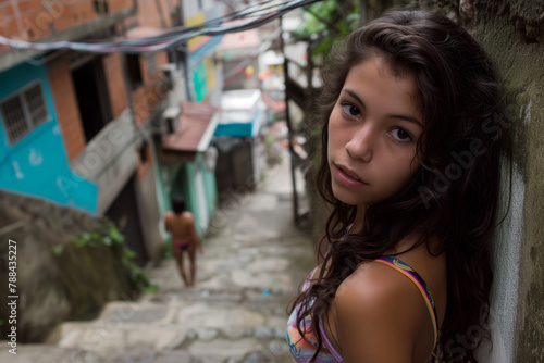 Brunette Brazilian girl with curly trendy mane posing in favela alley, reflective and thouthful look, colorful bikini top