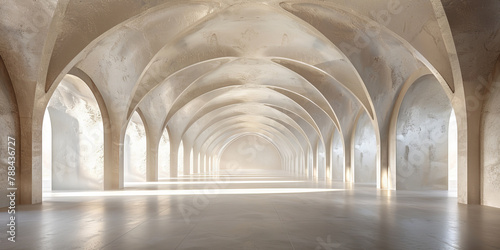 empty white room with tall arched ceilings and concrete walls. empty coridor room building