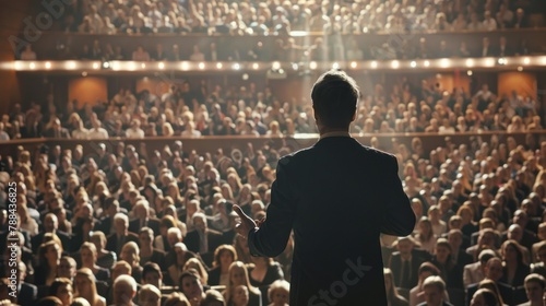 A businessperson giving a confident presentation in front of a large audience, signifying successful leadership.