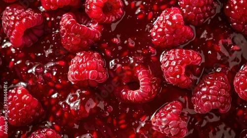 Macro view of red ripe raspberry jam fruit food texture background. AI generated image